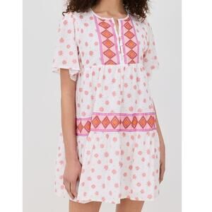 Marea Tiki Dress Small Mini Starburst Aztec Print White Pink Beachy Coverup Boho